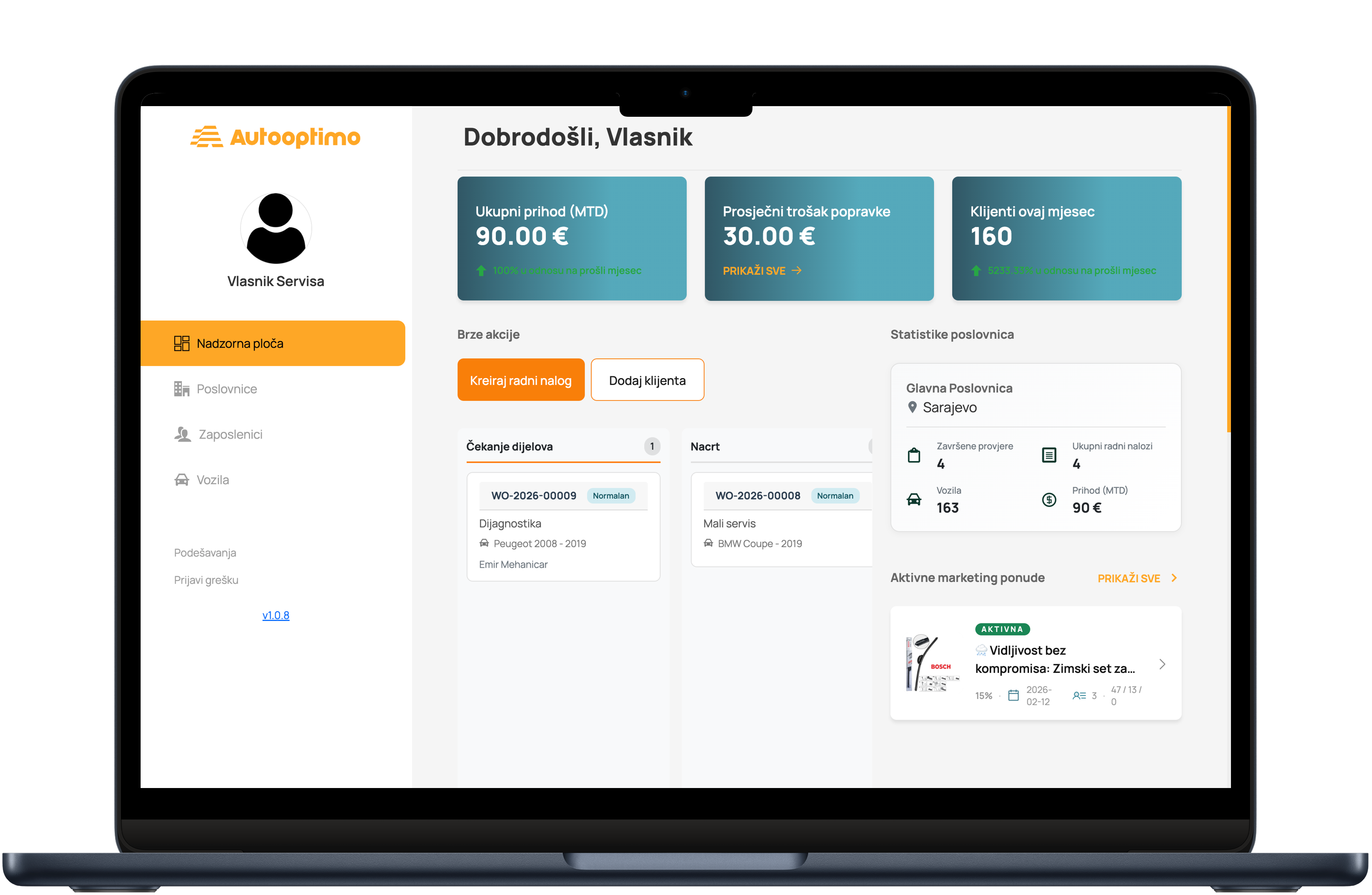 SCREENSHOT: Business dashboard s poslovnicama, nalozima i timom